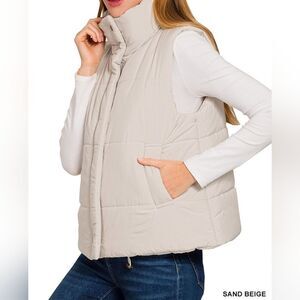 **Zenana High Neck Zip-Up Vest Coat Beige Puffer Vest S M L